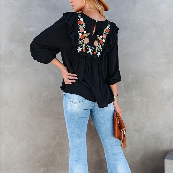 🔥🔥Black Bohemian Floral Embroidered Ruffled Babydoll Top - Picture 4 of 4